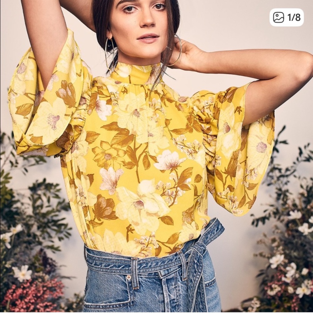 NWT Kate Hudson Happy X Nature Yellow Floral Ruffle Blouse